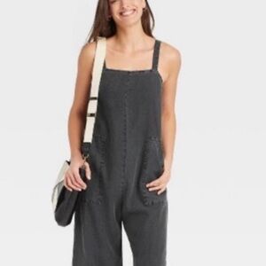 Universal Thread Linen Blend Cropped Jumpsuit Womens M Charcoal Utility Overalls
